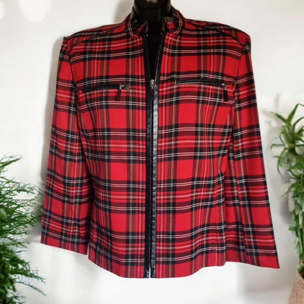 Lanalee Red & Black Plaid Lined Women's Jacket With Vegan Leather Trim